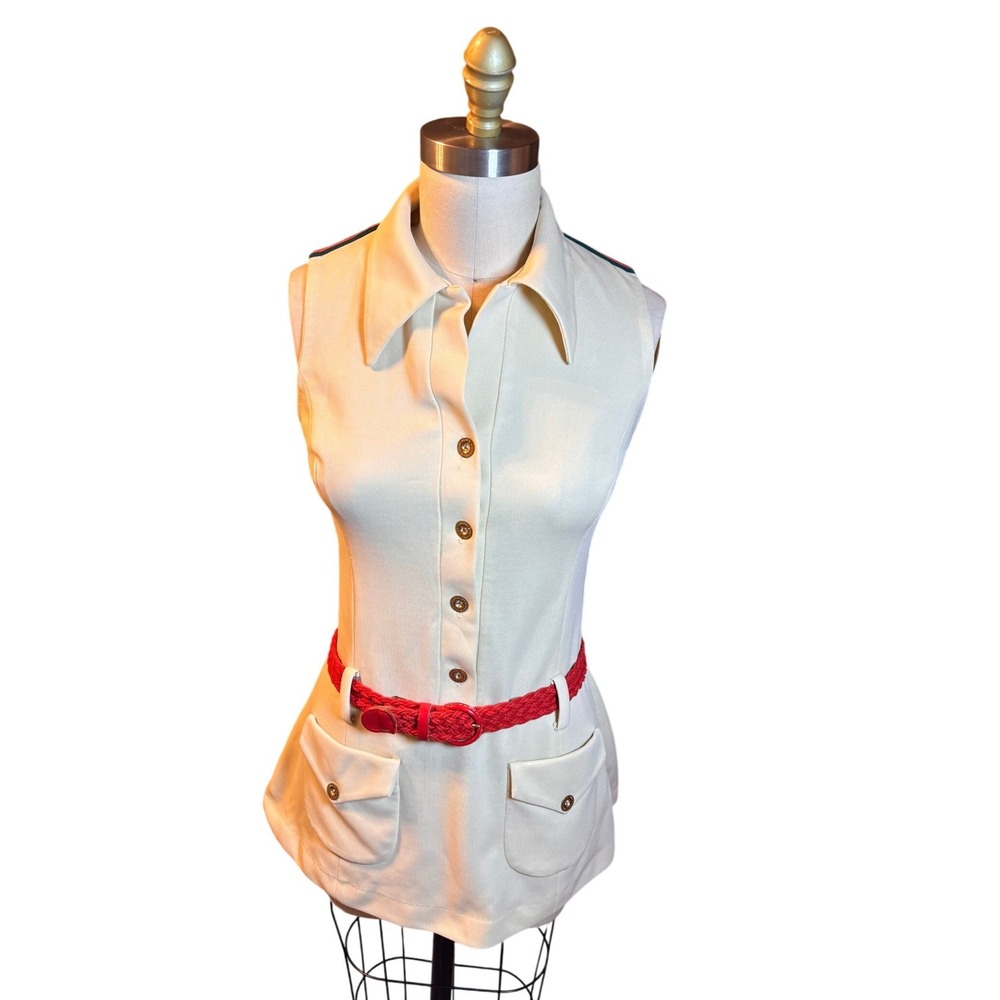 Mod Sleeveless Top Seed Mini Dress Button Front Stripe Shoulder Size 10 Vintage